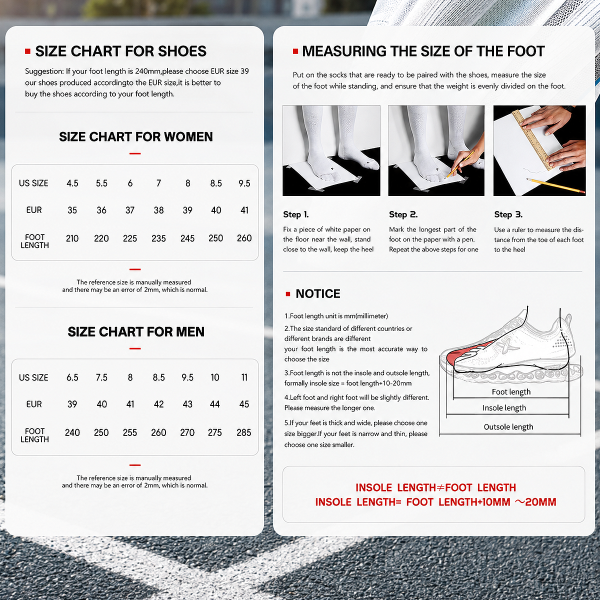 Official Xtep 2000KM 3.0 men and women shoe size chart with a step-by-step foot measurement guide.