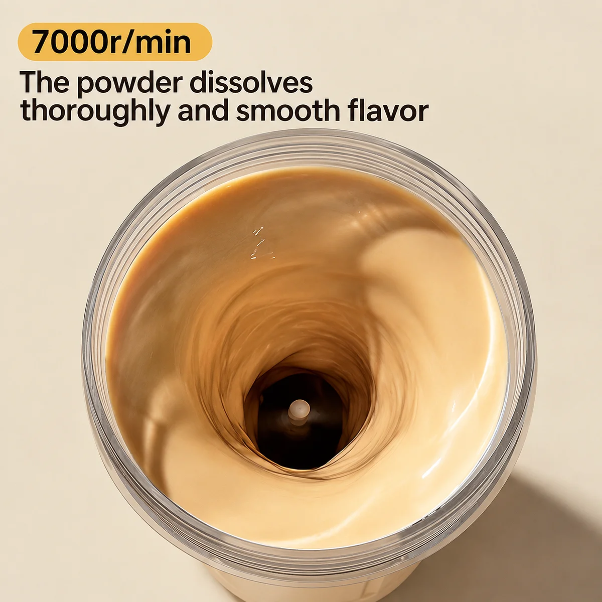 Top-down view of an Acuvick electric mixer cup creating a powerful 7000 RPM vortex to blend coffee powder into a smooth flavor.