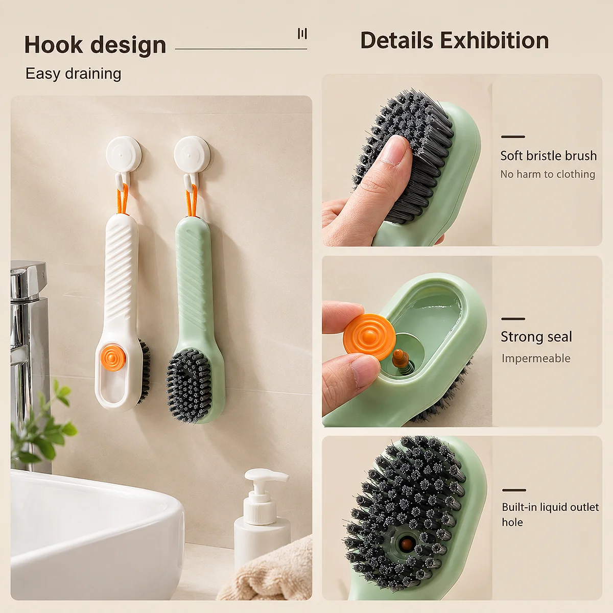 Alt: " Automatic Soap Dispensing Shoe Cleaning Brush with Soft Bristles product image – Acuvick " Infographic showing Acuvick shoe cleaning brush features: hanging hook design for easy draining, soft bristles safe for clothing, strong leak-proof silicone seal, and a built-in liquid outlet hole.