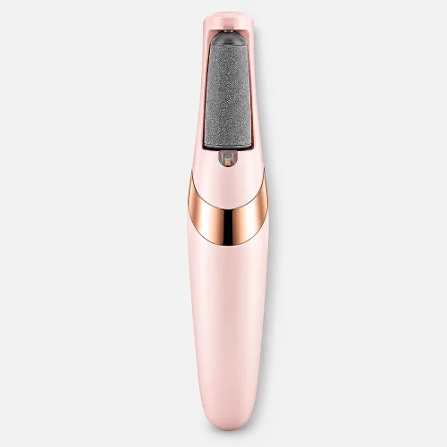 Pink Acuvick electric foot callus remover wand featuring a coarse grey micro-abrasive roller head and polished rose gold accents.