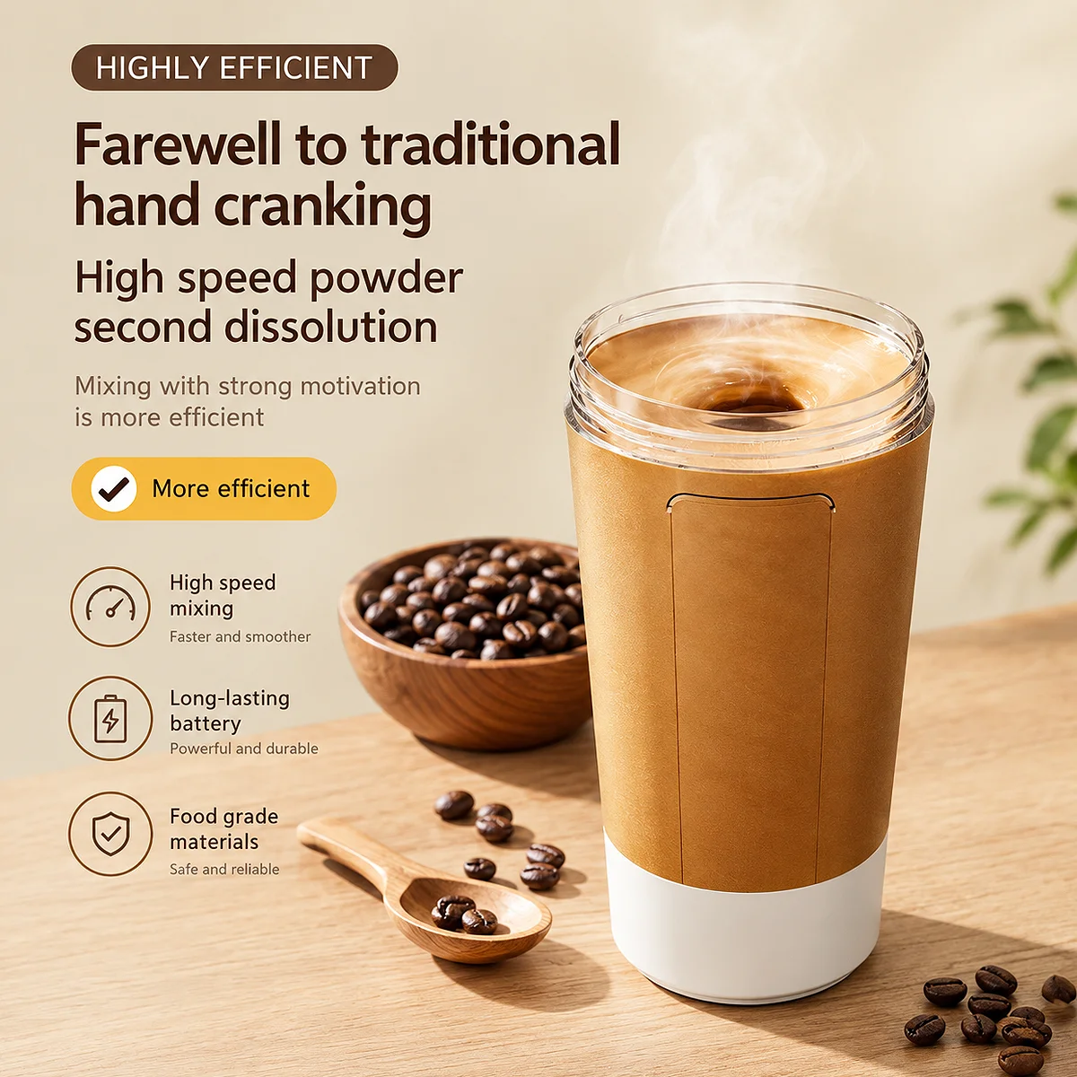 Acuvick brown electric self stirring coffee mug mixing a hot drink next to coffee beans, highlighting high speed mixing, long-lasting battery, and food grade materials.