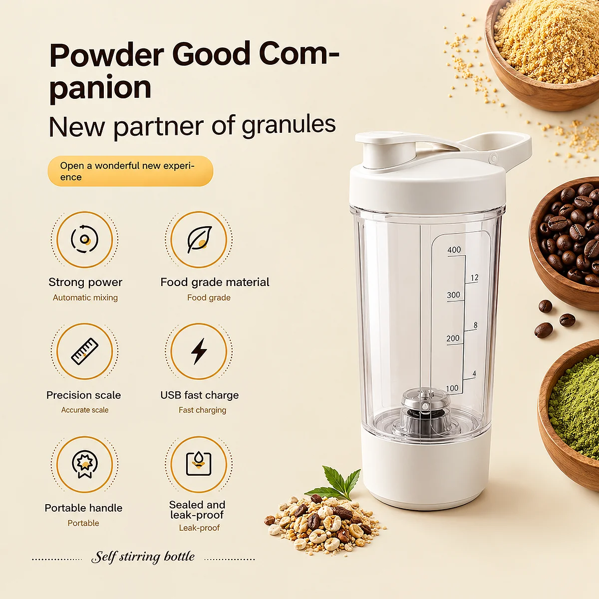 White Acuvick electric self stirring bottle with measurement scale lines, featuring USB fast charging, food-grade materials, and a leak-proof lid.