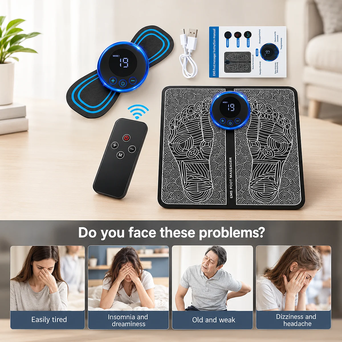 Alt: " EMS Foot Massager with Electrical Muscle Stimulation product image – Acuvick " Acuvick EMS foot massager package containing a reflexology foot mat, butterfly body pad, remote control, and user manual above panels showing solutions for fatigue, insomnia, weakness, and headaches.