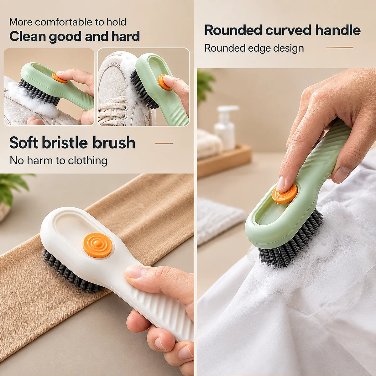Alt: " Automatic Soap Dispensing Shoe Cleaning Brush with Soft Bristles product image – Acuvick " Infographic displaying the Acuvick soap dispensing cleaning brush features, showcasing an ergonomic rounded curved handle, a white sneaker being scrubbed, and soft bristles cleaning delicate garments safely.