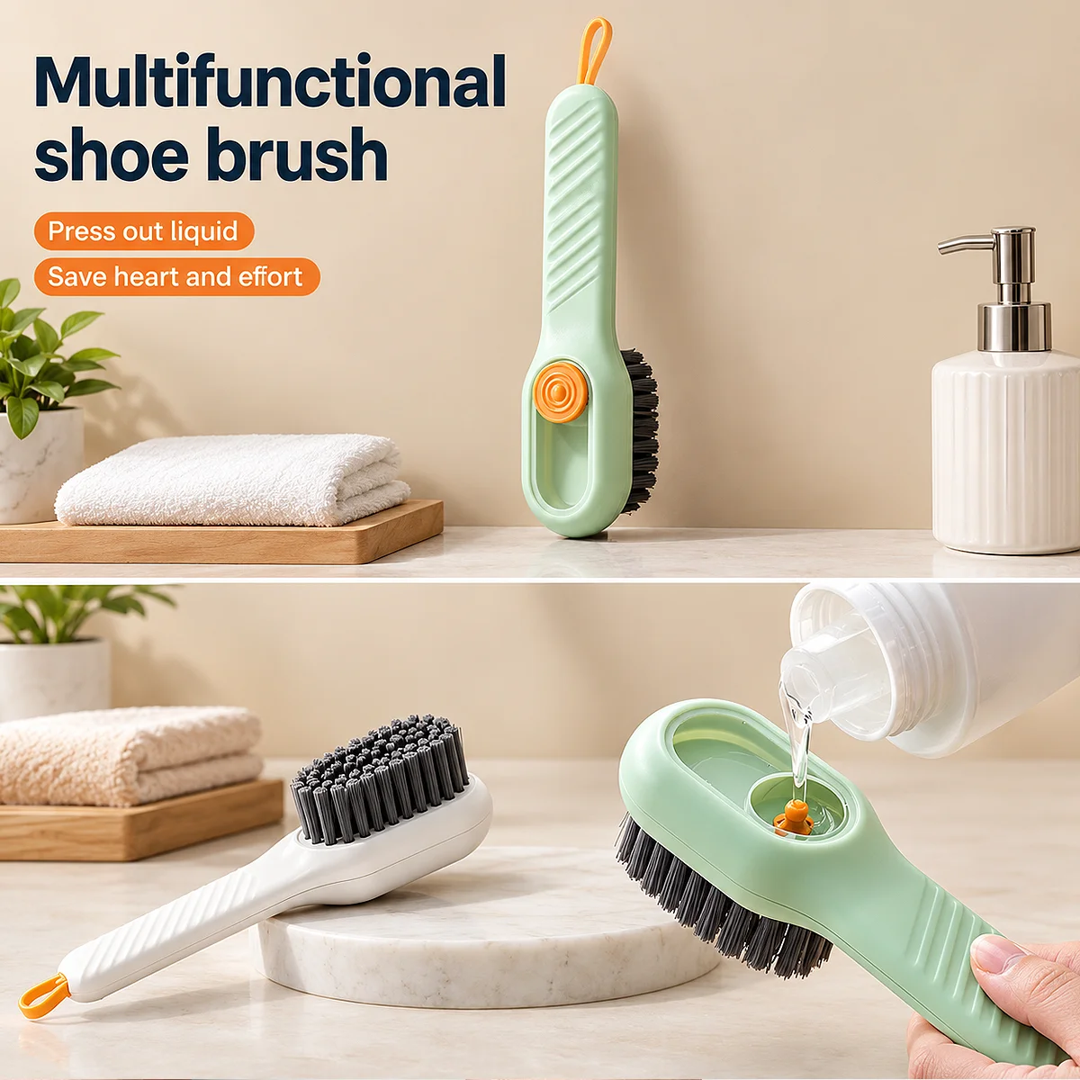 Alt: " Automatic Soap Dispensing Shoe Cleaning Brush with Soft Bristles product image – Acuvick " Infographic of the Acuvick multifunctional soap dispensing shoe brush, showcasing how to refill the liquid chamber and featuring the white and green color models on a bathroom vanity.