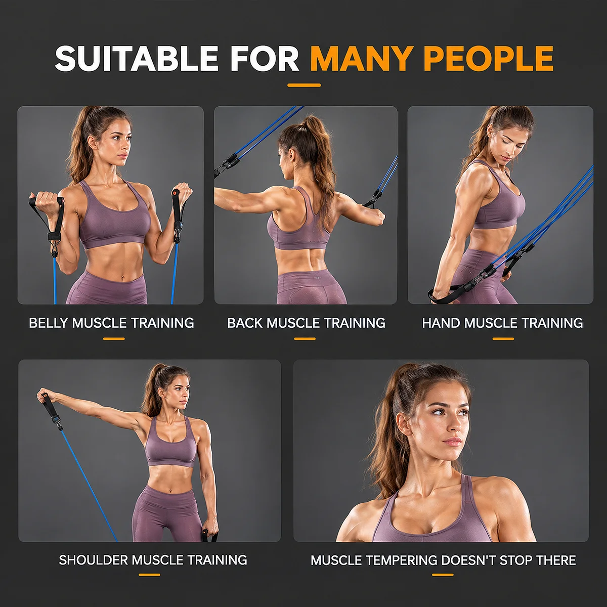 Infographic chart showing Acuvick resistance bands muscle training targets including belly, back, hand, and shoulder exercises featuring an athletic woman in a purple sports bra.