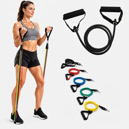 Acuvick premium resistance bands with handles set showing a woman doing bicep curls alongside black, red, blue, green, and yellow latex bands, ankle straps, door anchor, and a carry bag.