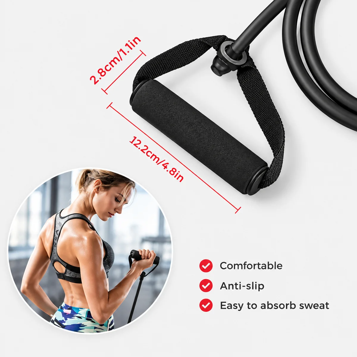 Infographic displaying Acuvick resistance band foam handle measurements of 12.2cm by 2.8cm alongside an athletic woman doing bicep curls and checkmarks for comfortable, anti-slip, and sweat absorbent features.