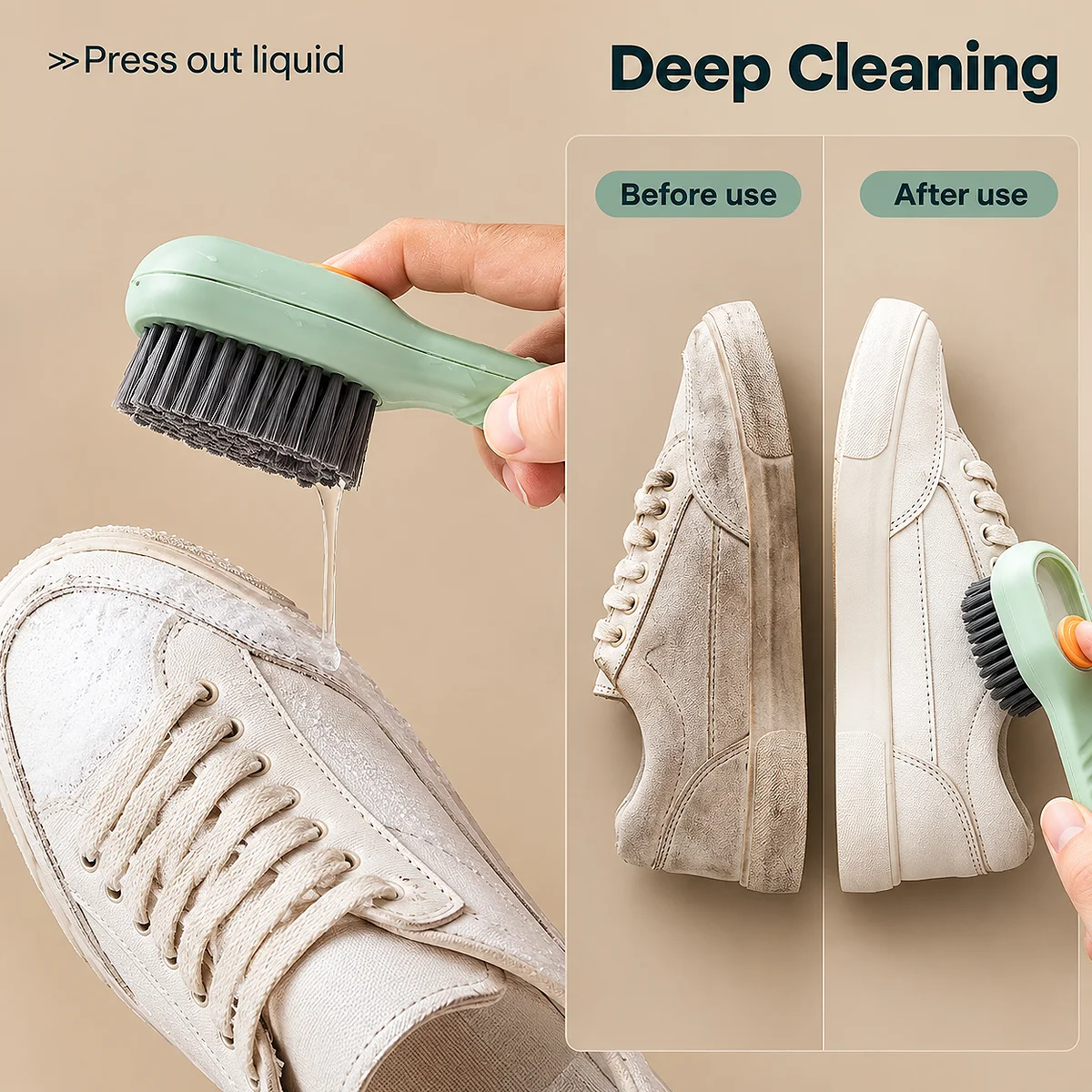 Alt: " Automatic Soap Dispensing Shoe Cleaning Brush with Soft Bristles product image – Acuvick " Before and after infographic of a white sneaker cleaned with the Acuvick soap dispensing shoe brush, showing liquid soap pressing out onto a dirty shoe versus a fully clean shoe.