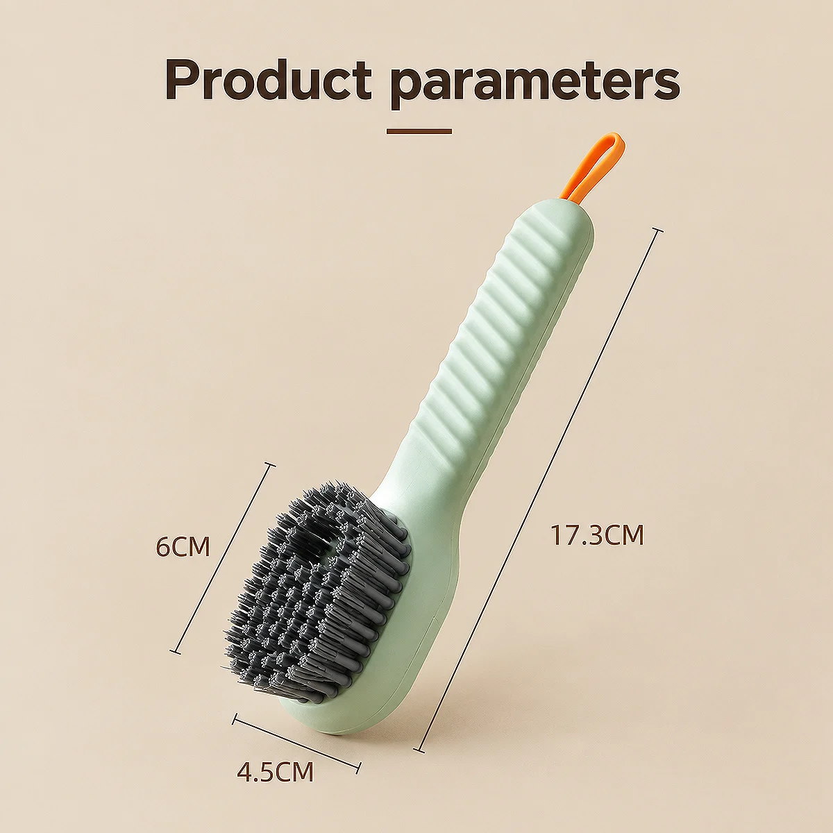 Alt: " Automatic Soap Dispensing Shoe Cleaning Brush with Soft Bristles product image – Acuvick " Infographic diagram displaying Acuvick automatic soap dispensing shoe cleaning brush measurements, showing a total length of 17.3cm, brush head length of 6cm, and width of 4.5cm.