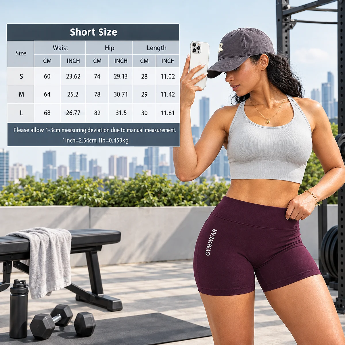 Size chart matrix for Acuvick high-waisted fitness shorts alongside an athletic woman wearing claret gym shorts at an outdoor rooftop workout patio.