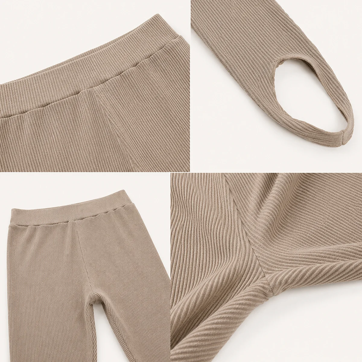 Acuvick khaki women's winter ribbed knit leggings product details showing high-waisted band, stirrup foot design, and soft knit fabric texture.
