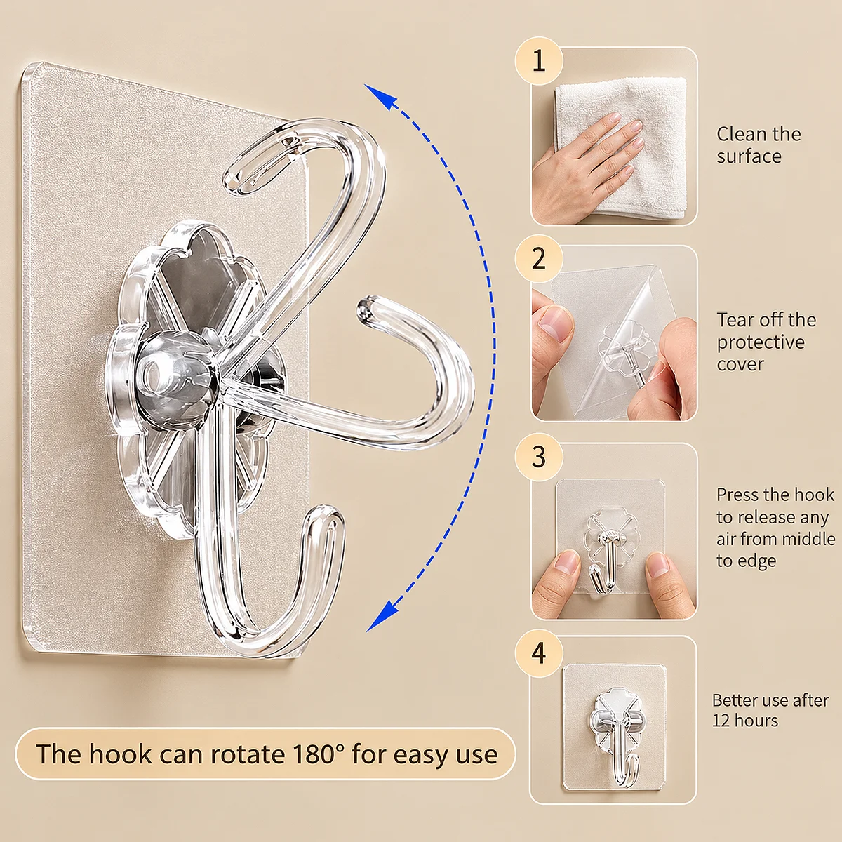Alt: " Automatic Soap Dispensing Shoe Cleaning Brush with Soft Bristles product image – Acuvick " Infographic showing installation steps for a clear adhesive utility hook, detailing surface cleaning, removing the protective cover, pressing out air, and a 180-degree rotation feature.