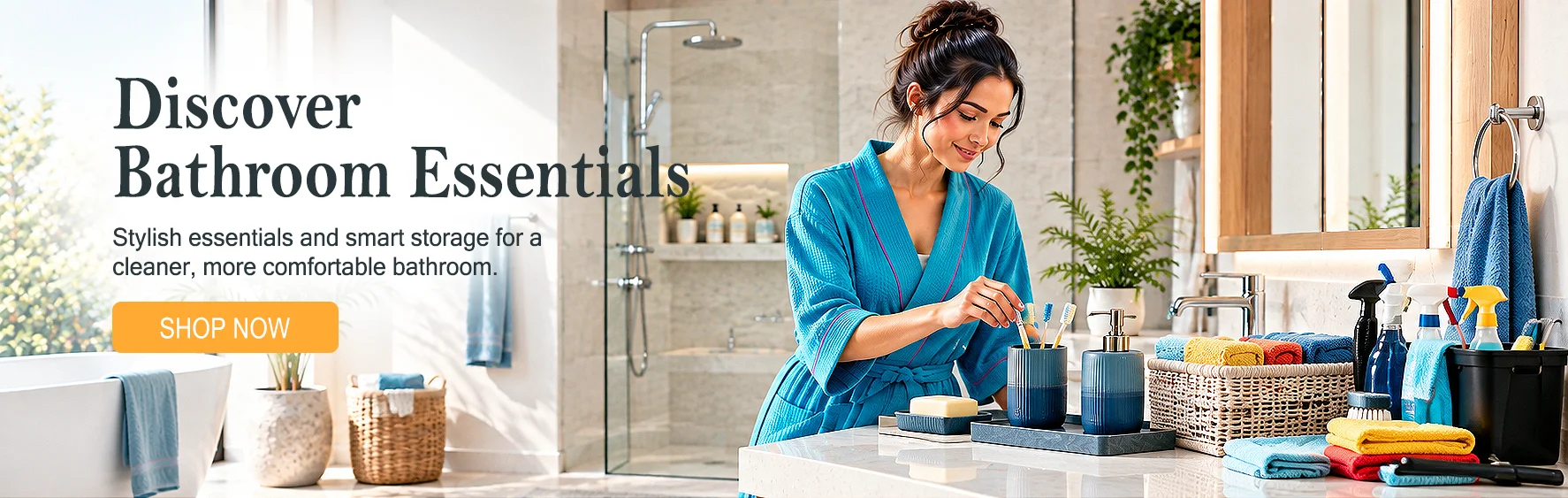 Bathroom Essentials with stylish storage and cleaning products