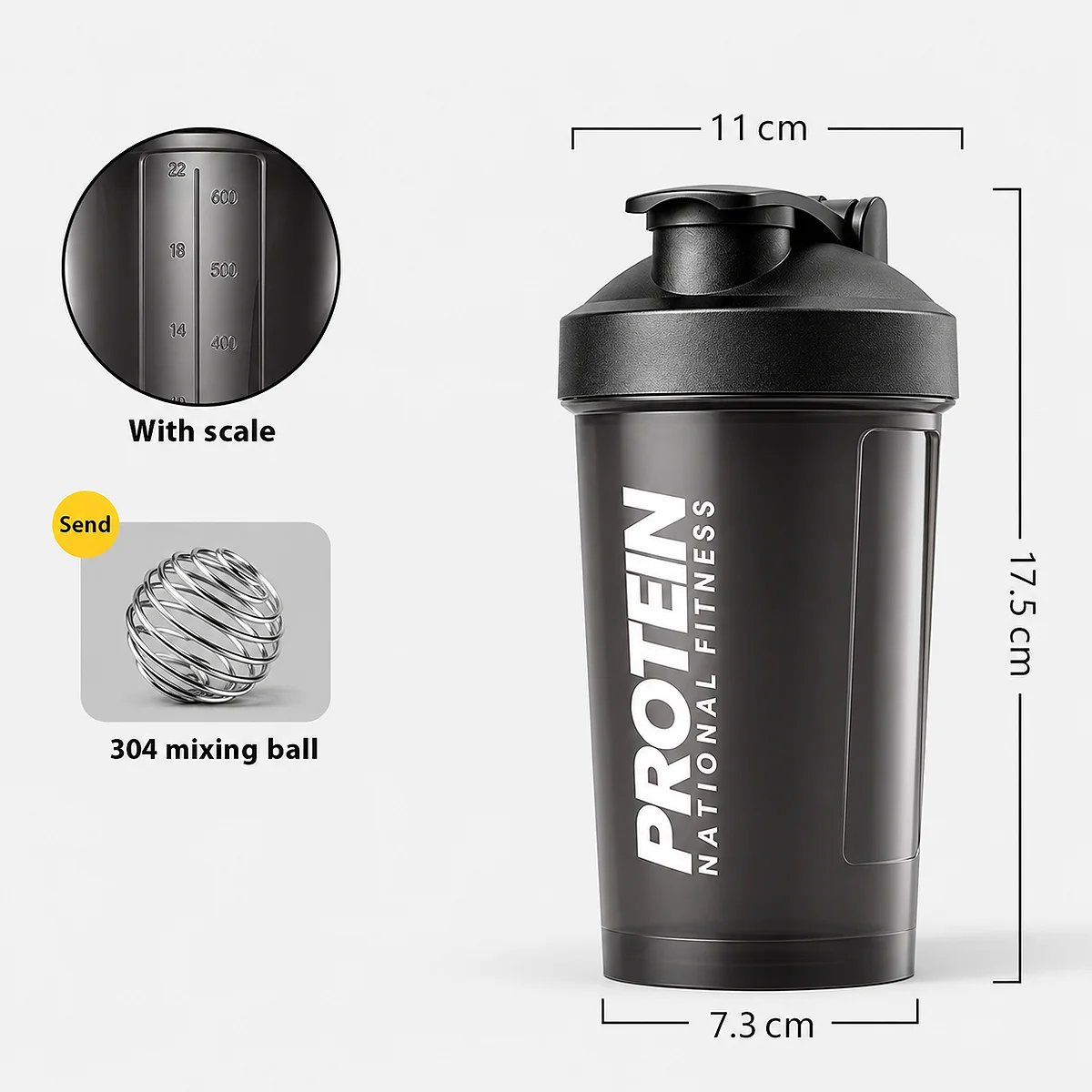 Infographic of the all black GIANXI 400ml protein shaker bottle detailing a 17.5cm height dimension, 304 mixing ball, and integrated measurement scale.