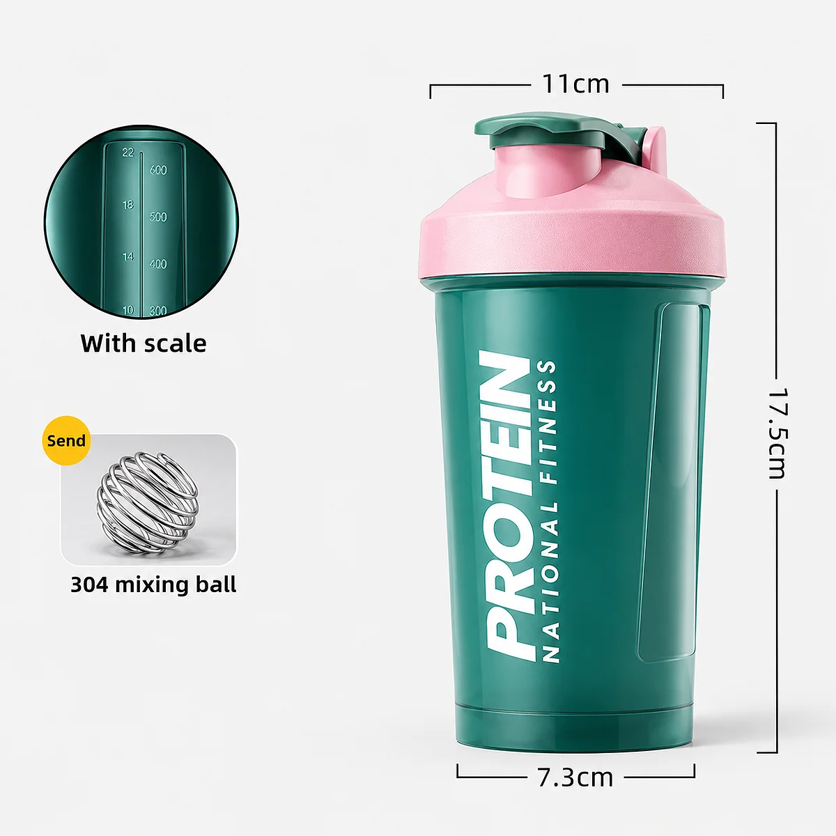 Infographic of the pink and green GIANXI 400ml protein shaker bottle detailing a 17.5cm height dimension, 304 mixing ball, and built-in measurement scale.