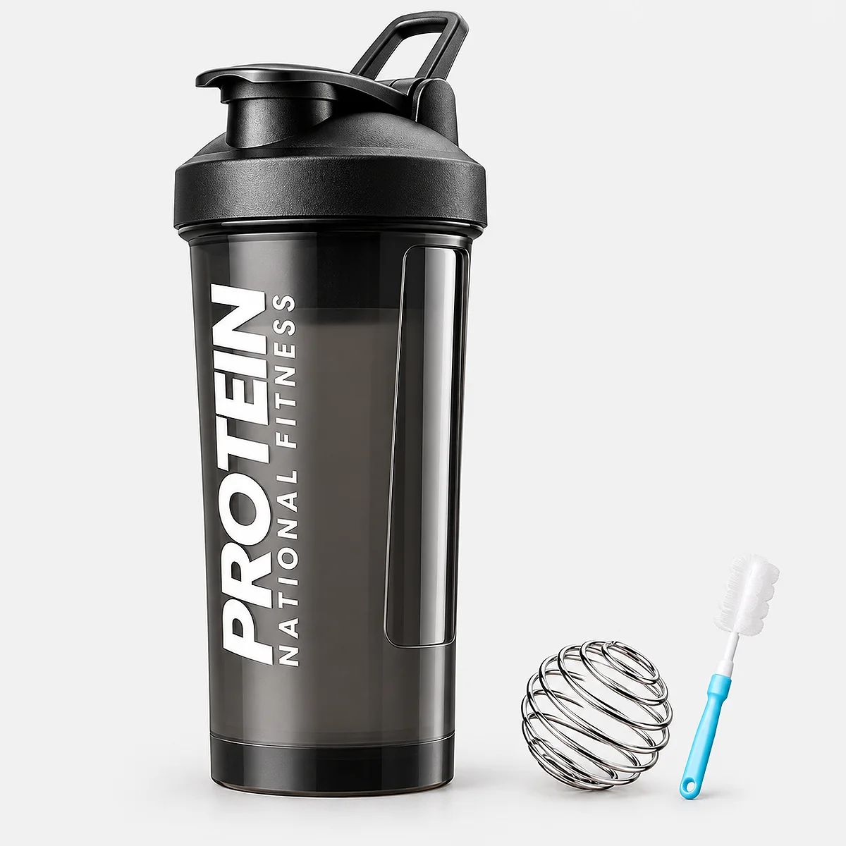 Black GIANXI protein shaker bottle with a flip-top lid, clear measurement window, metal whisk ball, and blue cleaning brush on a white background.