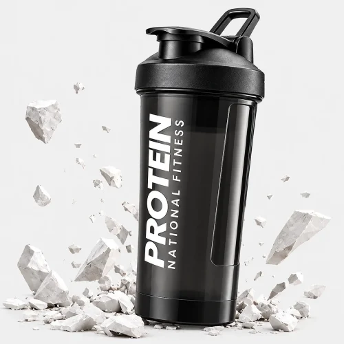Black GIANXI heavy duty protein shaker bottle standing upright amidst exploding concrete and rock fragments to show its shockproof durability.