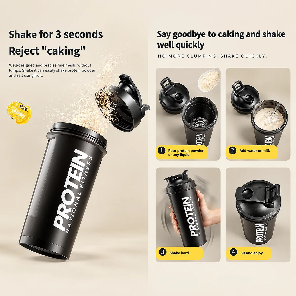 Step-by-step infographic showing how to mix protein powder without clumping using the black GIANXI shaker bottle and wire mixing ball.