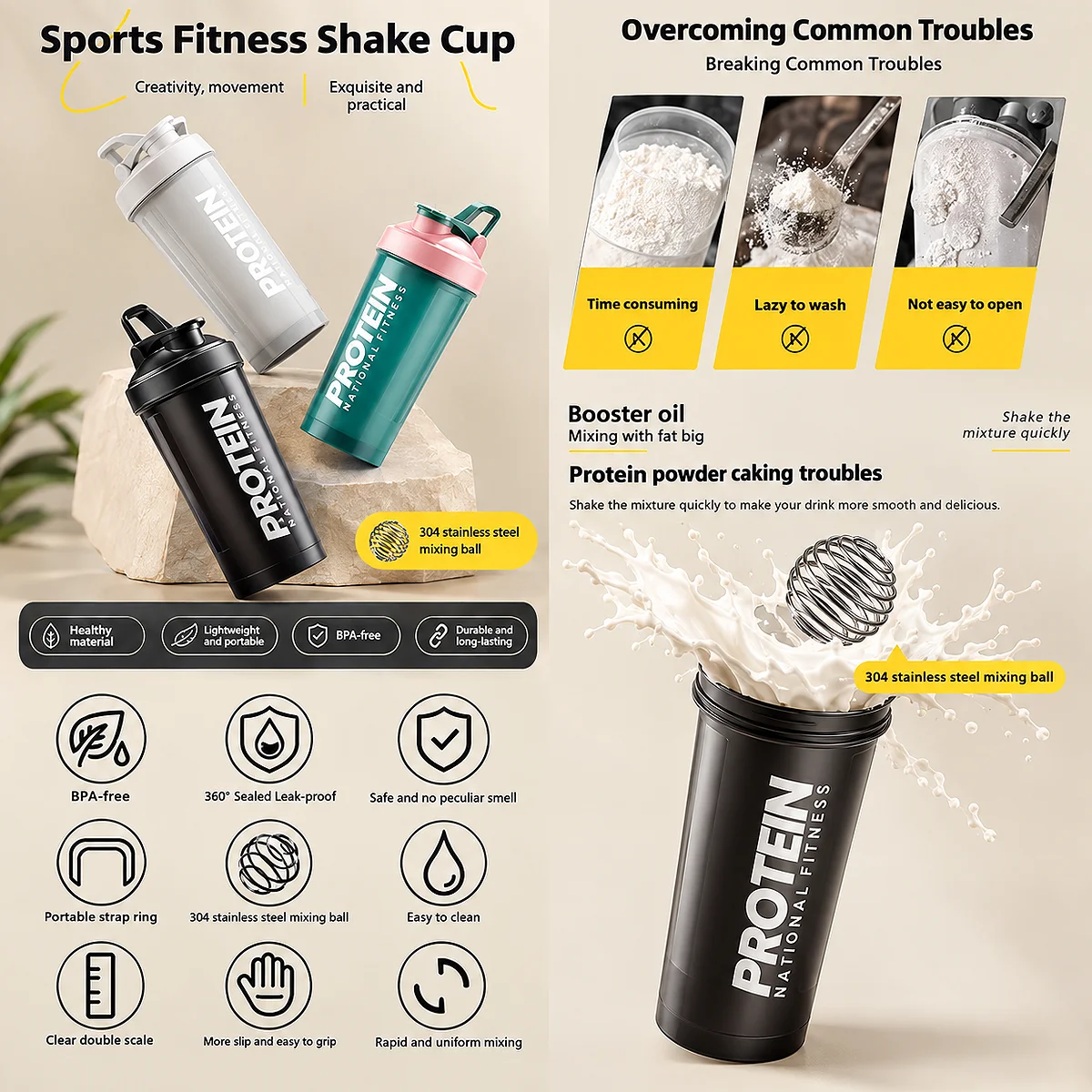 GIANXI sports fitness shake cup infographic highlighting features like BPA-free material, 360 sealed leak-proof lid, 304 stainless steel mixing ball, and rapid mixing to prevent powder caking.