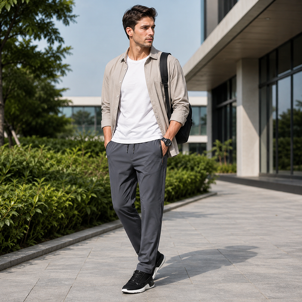 Men’s black casual straight-leg pants with elastic waist