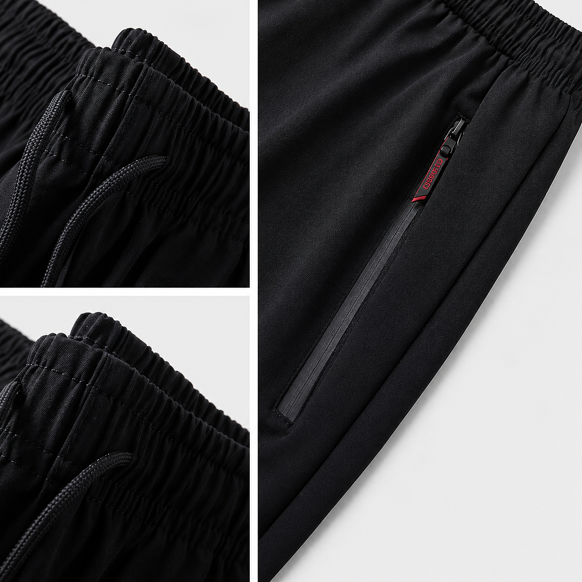 Men’s lightweight casual elastic waist trousers macro details showing the gathered elastic waistband, drawstrings, and a red-accented zipper pocket.