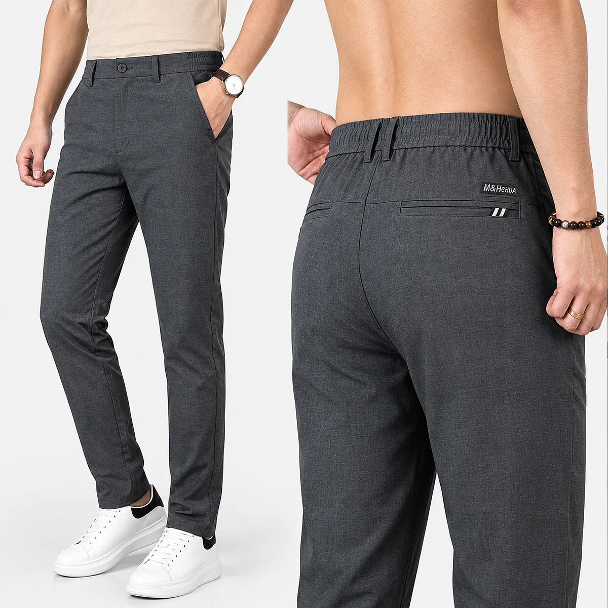 Men’s slim-fit casual pants in dark grey for relaxed everyday wear