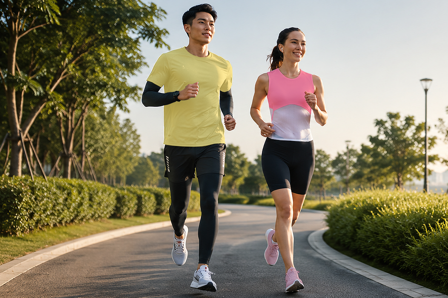 Men and women wearing outdoor running gear