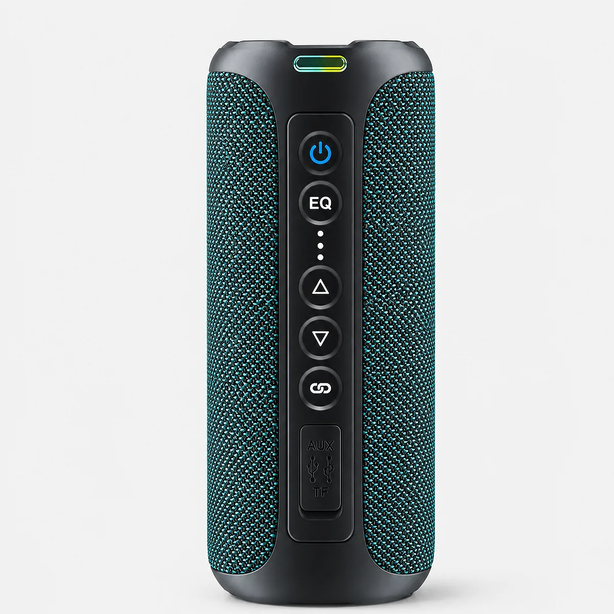 Front view of the blue Ortizan X8 Pro 40W portable Bluetooth speaker showing its central control button panel, rubber ports cover, and mesh fabric grill.