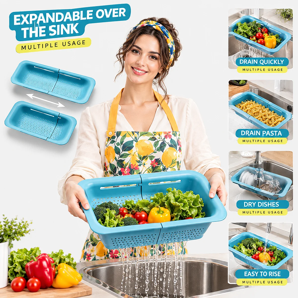 Alt: " Over-the-Sink Dish Rack – Adjustable Kitchen Organizer product image – Acuvick " Green over-the-sink dish rack adjustable kitchen organizer