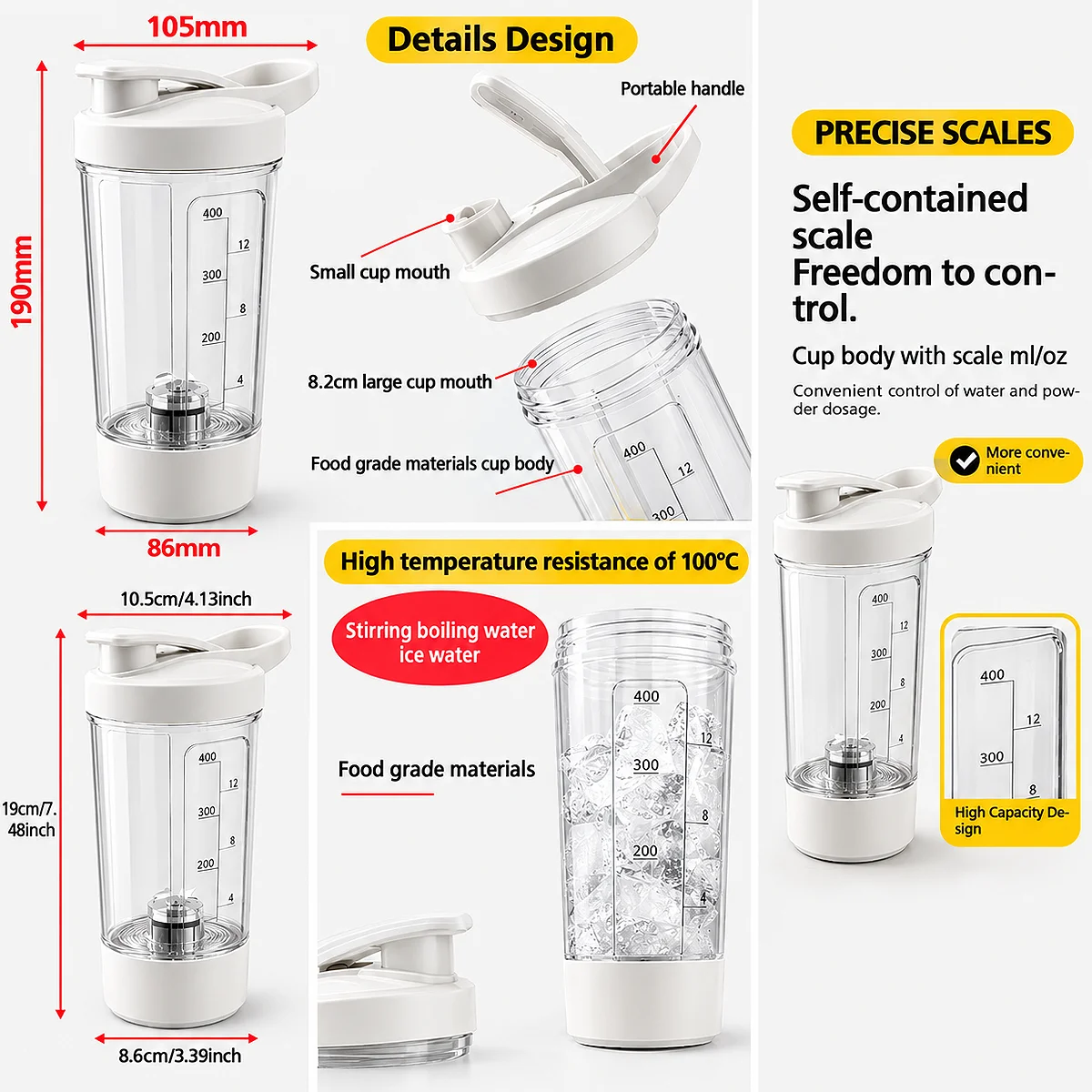 Portable blender cup measurements, design details and precise scale infographic