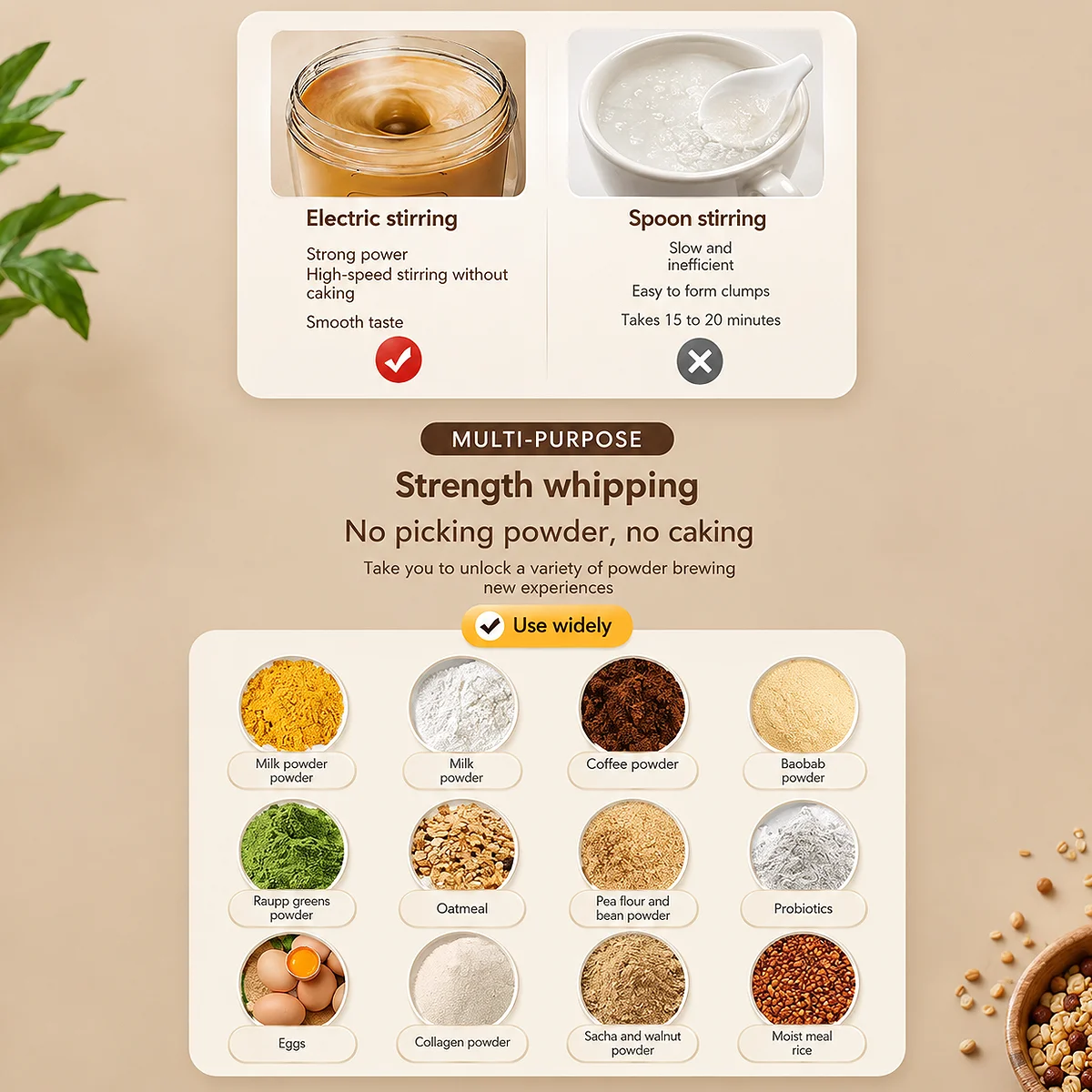 Infographic showing Acuvick electric stirring vs spoon stirring for various powders like protein milk powder, coffee, collagen, and oatmeal without caking.