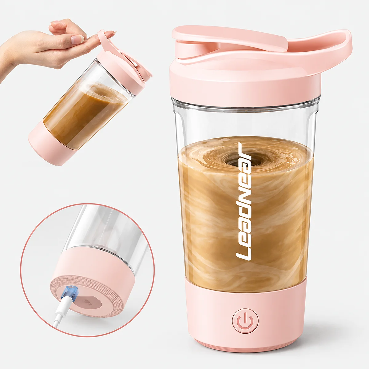 Pink portable personal blender by Acuvick blending a coffee smoothie with USB charging details