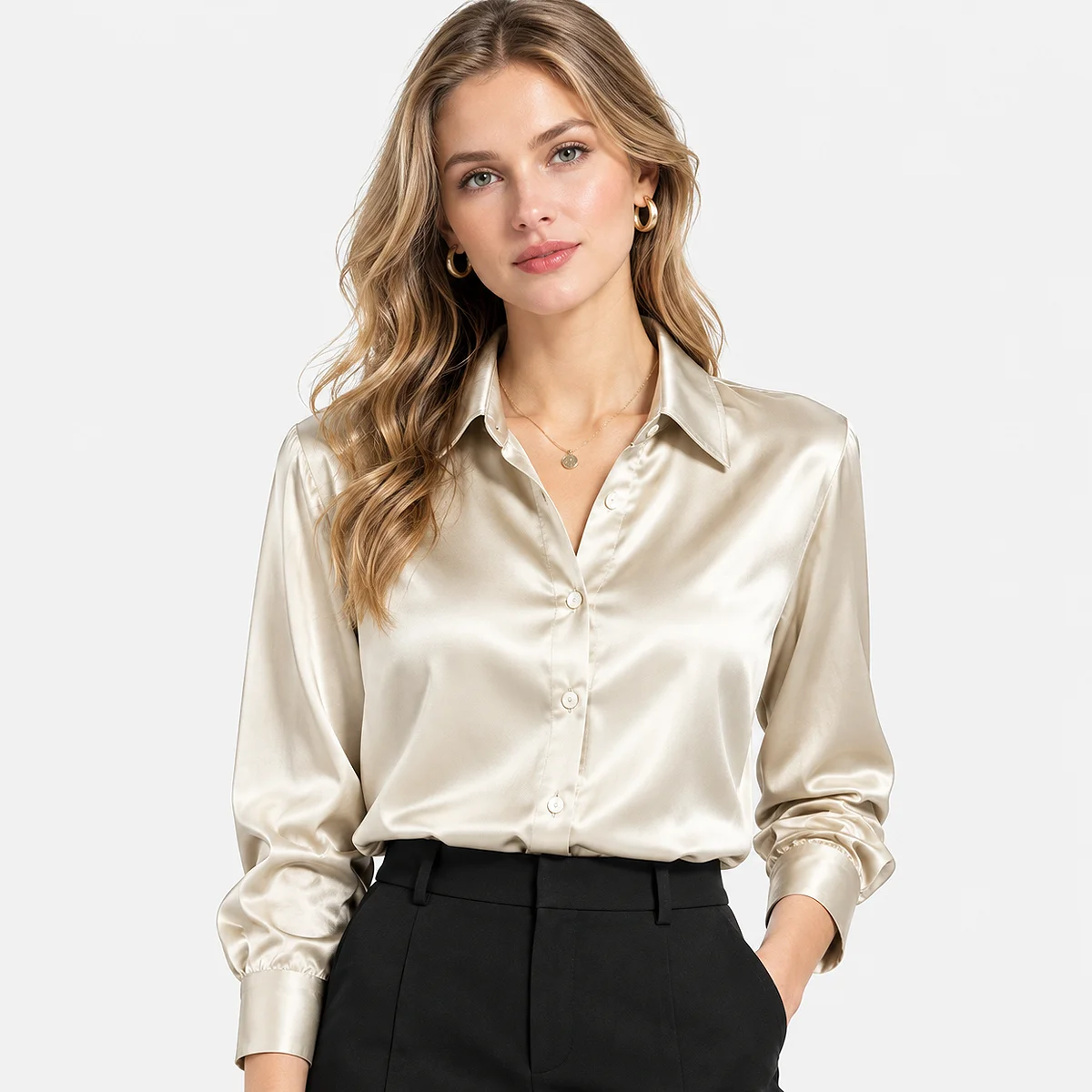 Women’s satin button-down blouse in beige