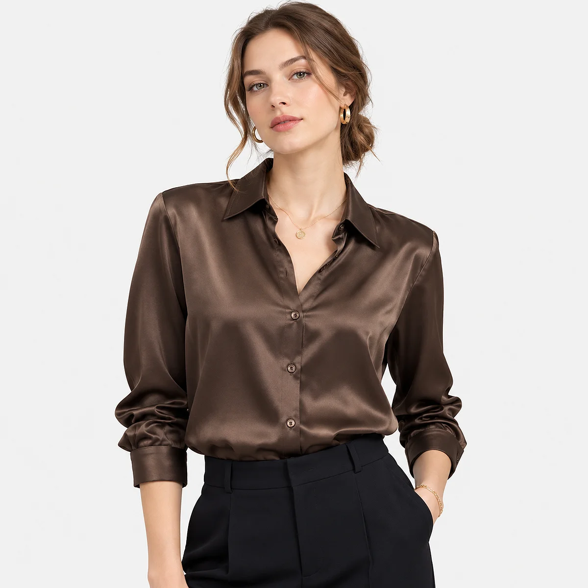 womens-satin-button-down-blouse-coffee-brown