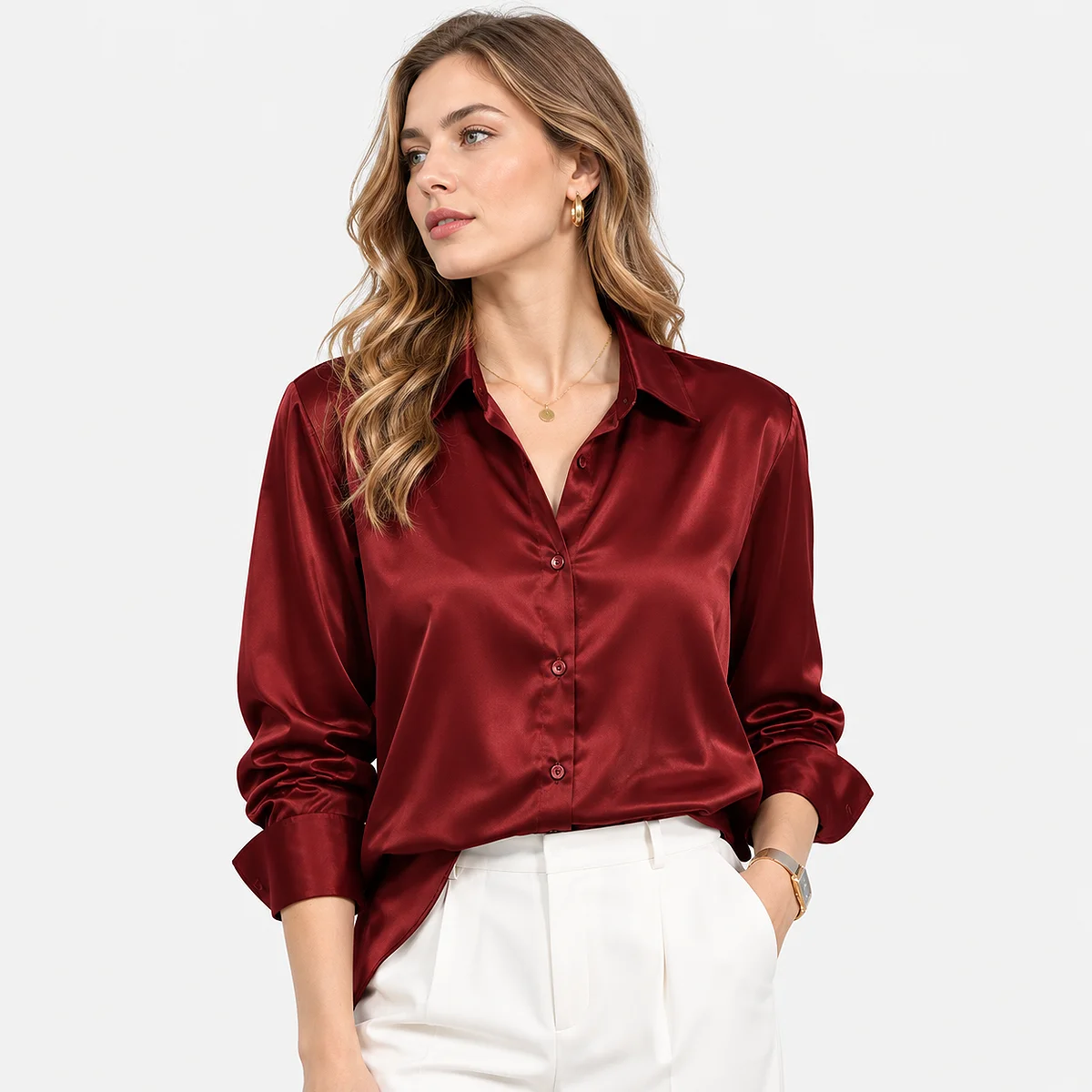 womens-satin-button-down-blouse-red