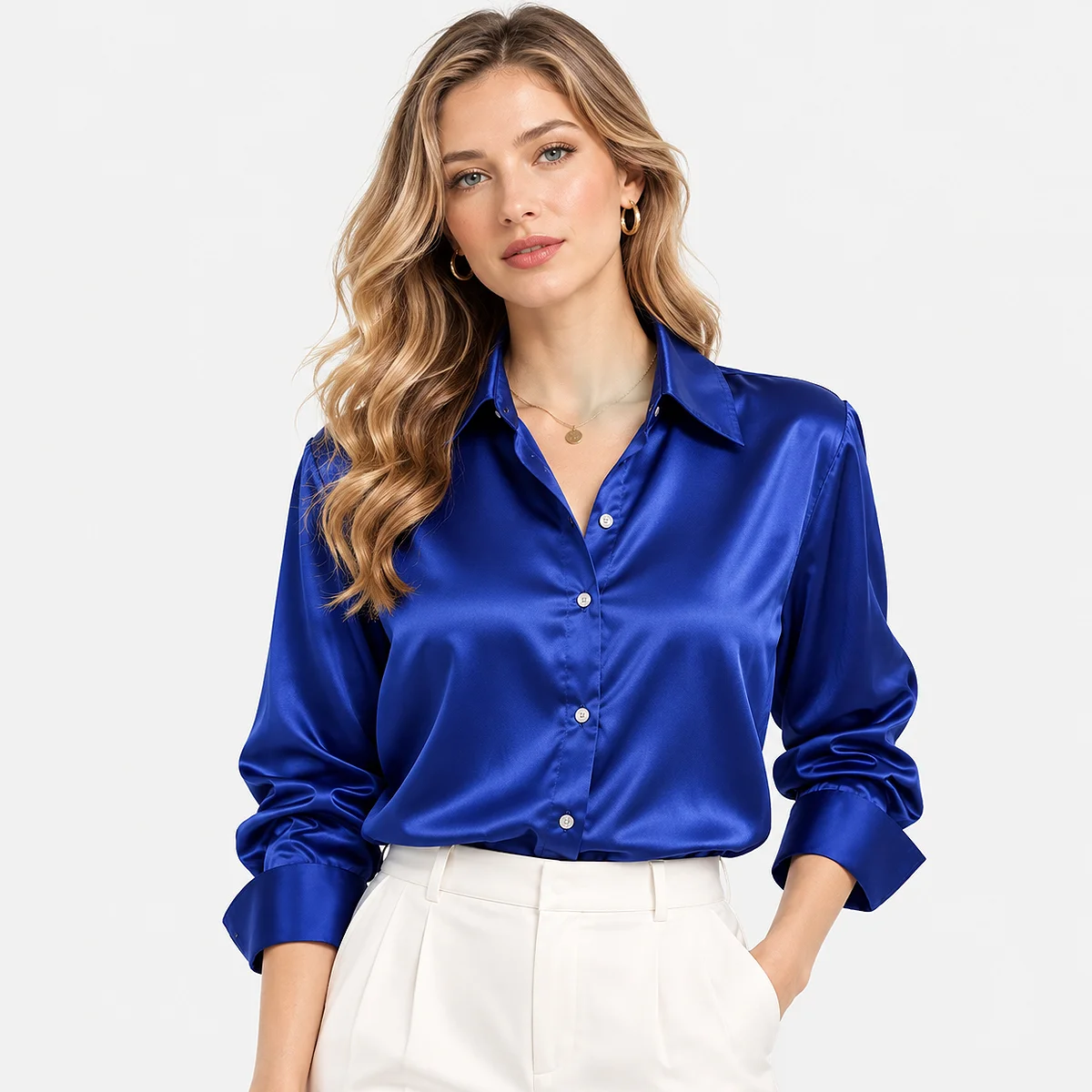Women’s royal blue satin button-down blouse