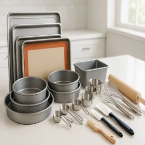 Bakeware and baking tools including cake pans, a muffin tray, mixing bowl, whisk and batter dispenser