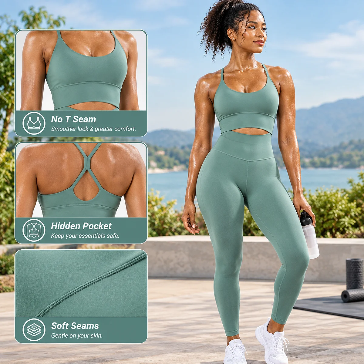 Front view of a woman wearing the Acuvick high waisted criss cross back leggings two piece workout set in Tidewater green