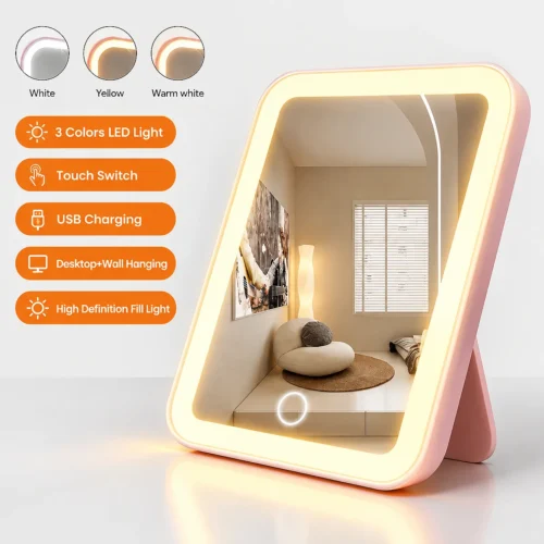 Pink LED vanity makeup mirror with orange feature highlights showing 3 color modes and USB rechargeable light attributes