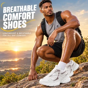 An athletic man crouches outdoors on rocks during sunset wearing beige Acuvick invisible height increasing mesh shoes, featuring text overlay Breathable Comfort Shoes.