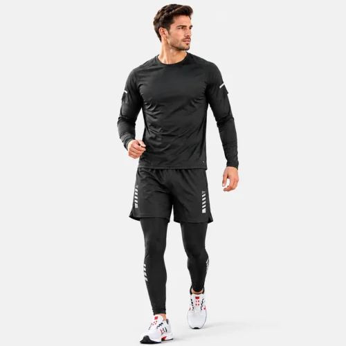 Men's black quick-dry sportswear set for gym running and training