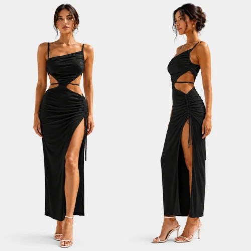 Woman wearing a black sleeveless asymmetrical split maxi dress with side waist cutouts and ruched drawstring detailing.