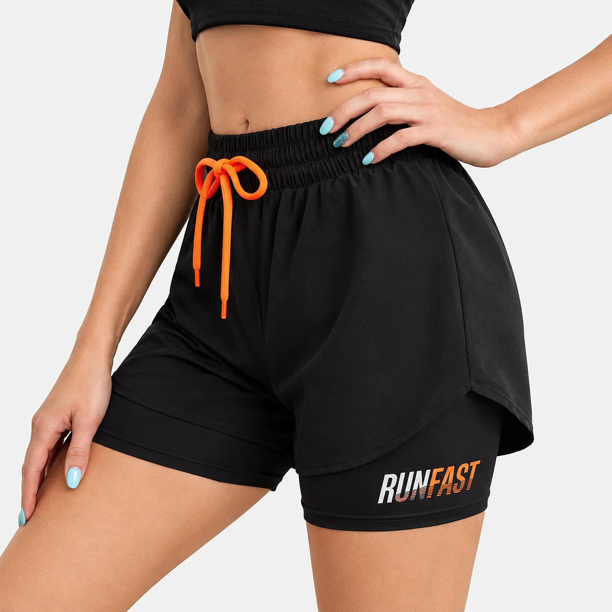 Alt: " Women’s High-Waisted Running Shorts product image – Acuvick " Women’s Black high-waisted running shorts with compression liner