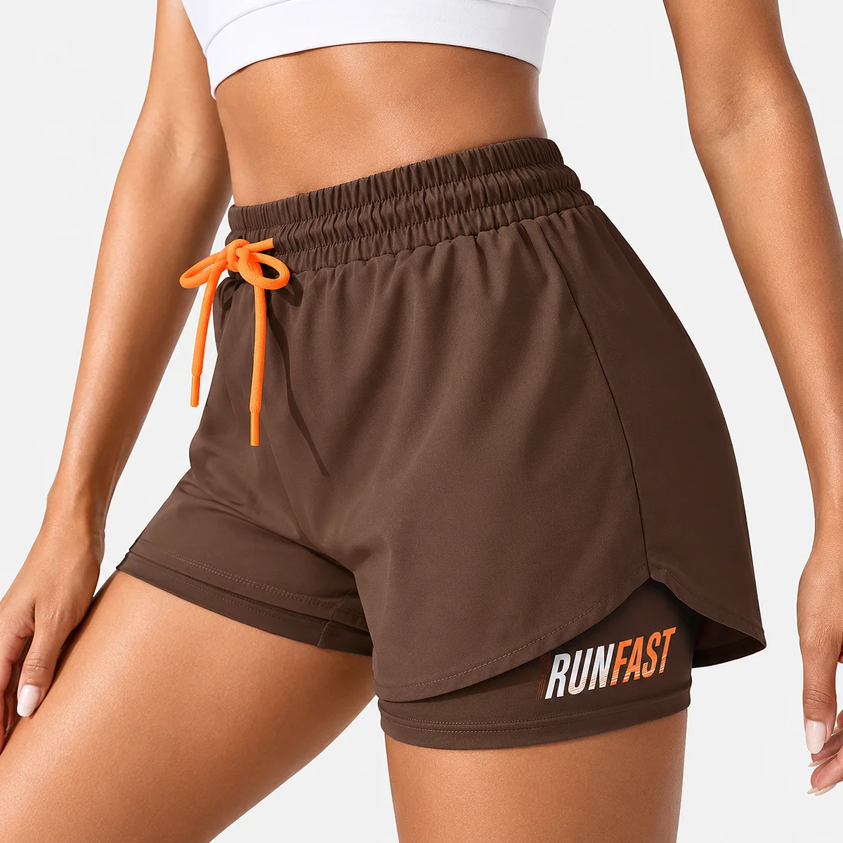 Alt: " Women’s High-Waisted Running Shorts product image – Acuvick " Women’s Coffee high-waisted running shorts with compression liner