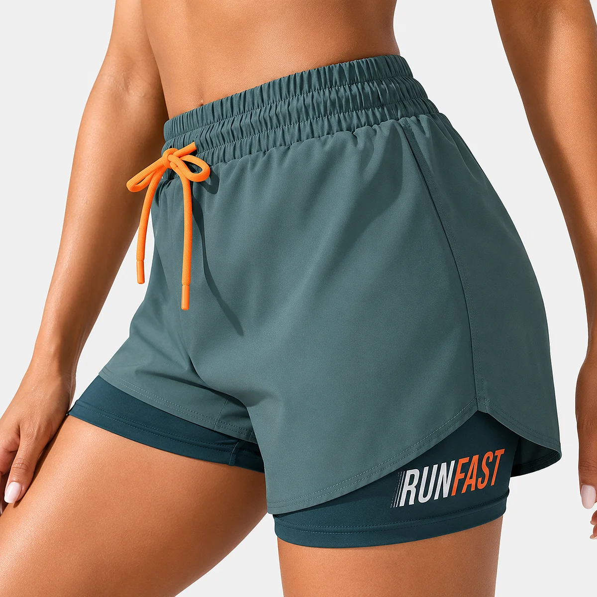 Alt: " Women’s High-Waisted Running Shorts product image – Acuvick " Women’s Green high-waisted running shorts with compression liner