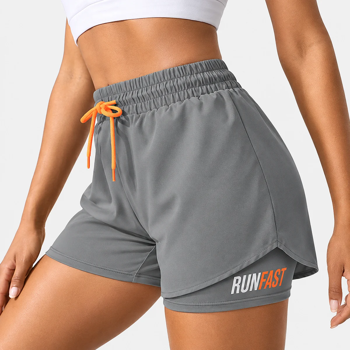 Alt: " Women’s High-Waisted Running Shorts product image – Acuvick " Women’s Grey high-waisted running shorts with compression liner
