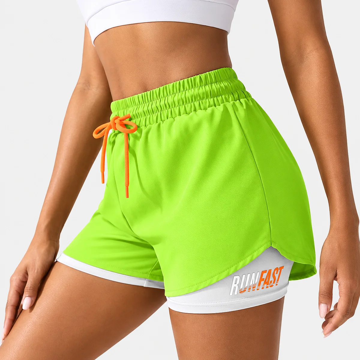 Alt: " Women’s High-Waisted Running Shorts product image – Acuvick " Women’s Lemon Yellow high-waisted running shorts with compression liner