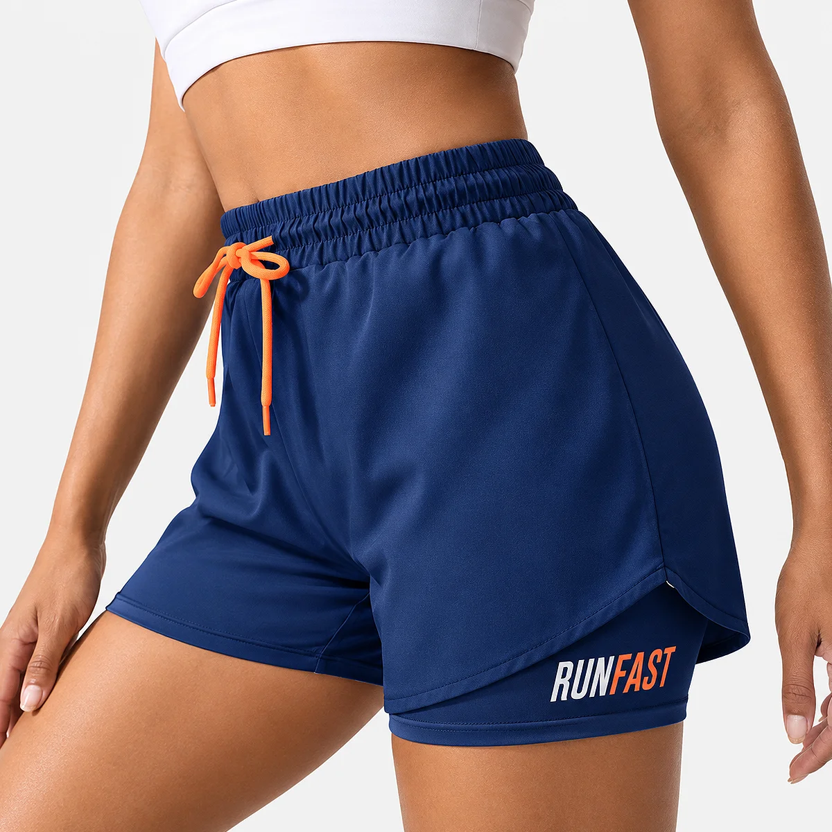 Alt: " Women’s High-Waisted Running Shorts product image – Acuvick " Women’s Navy Blue high-waisted running shorts with compression liner