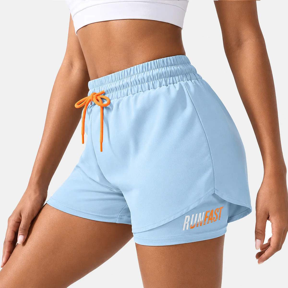 Alt: " Women’s High-Waisted Running Shorts product image – Acuvick " Women’s Sky Blue high-waisted running shorts with compression liner